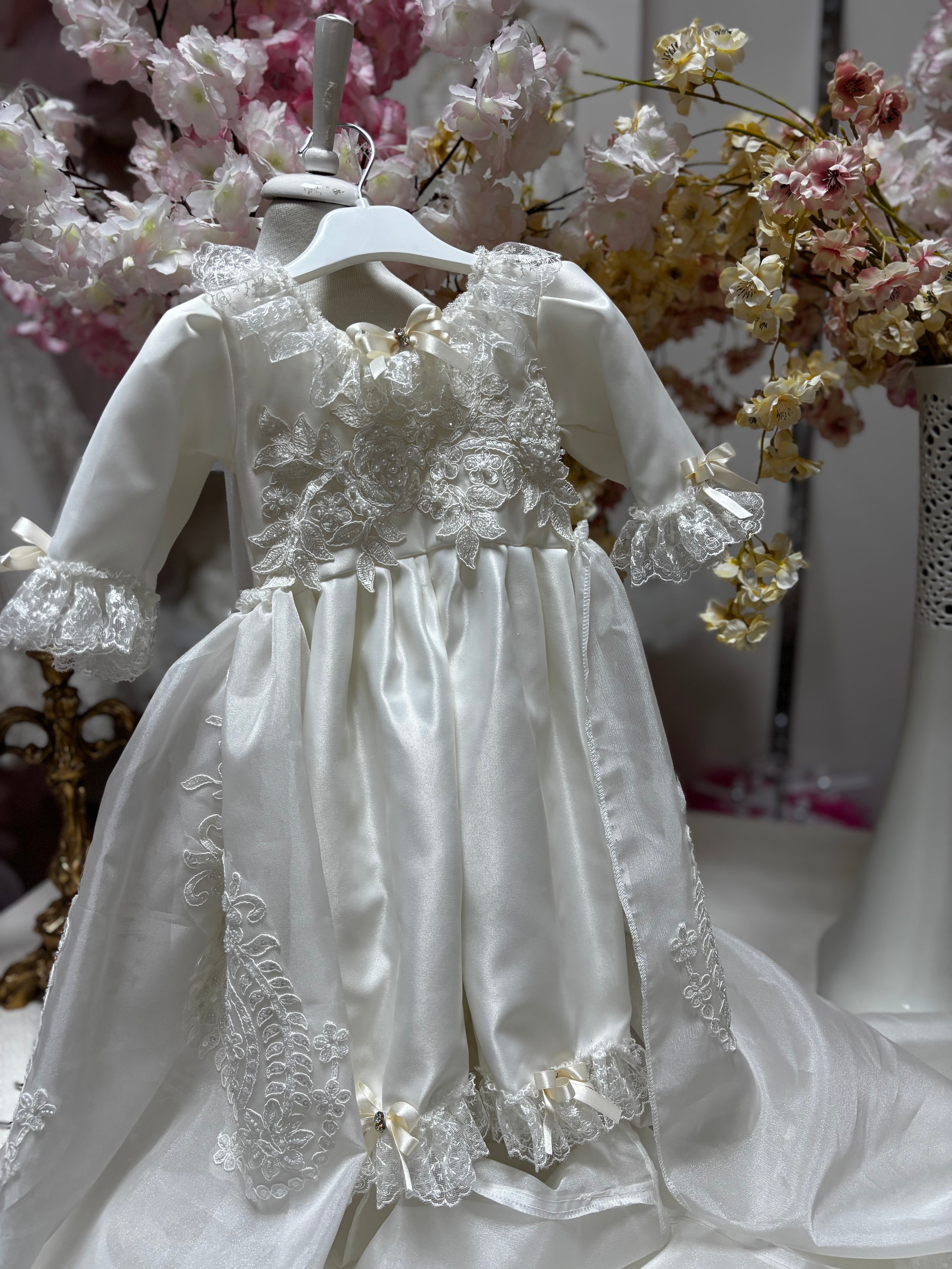 cream satin baby jumpsuit long train