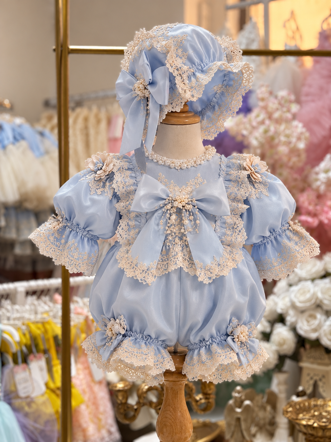Blue silk fabric baby jumpsuit and bonnet