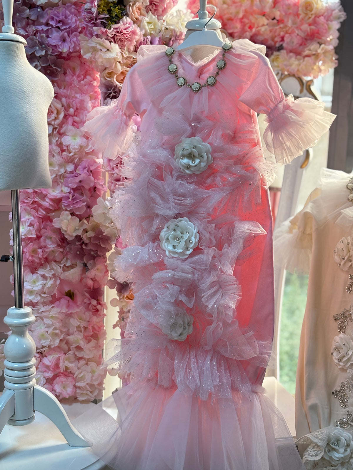 Pink baby gown and bonnet