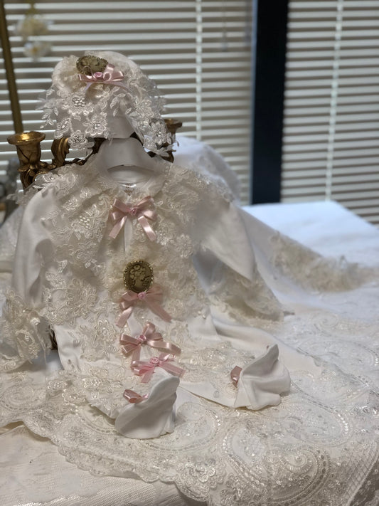 Cream France lace baby jumpsuit bonnet and blankent