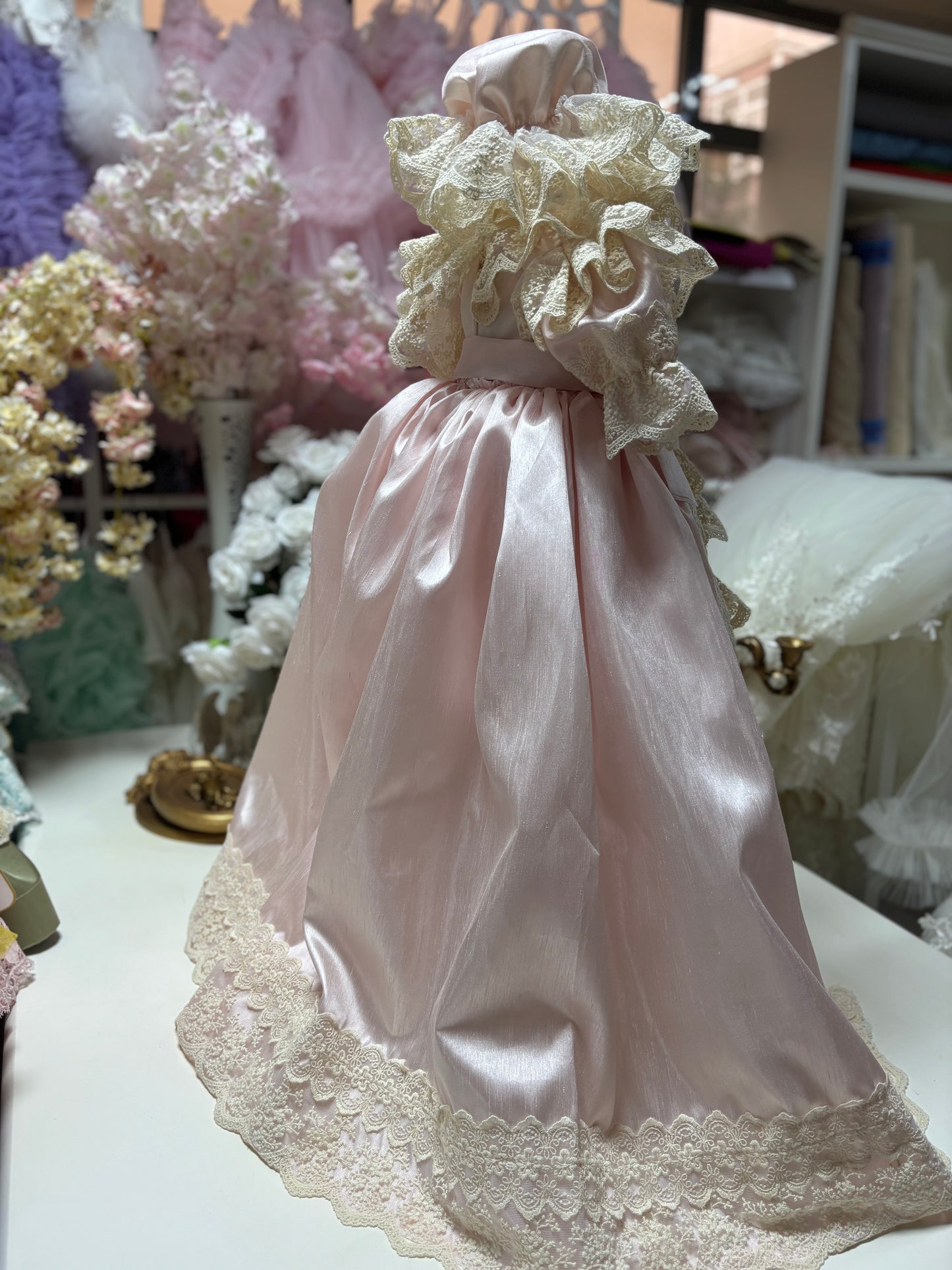 Pink silk fabric Baby Toddler Gown Dresses And Bonnet set wholesale 5 pcs