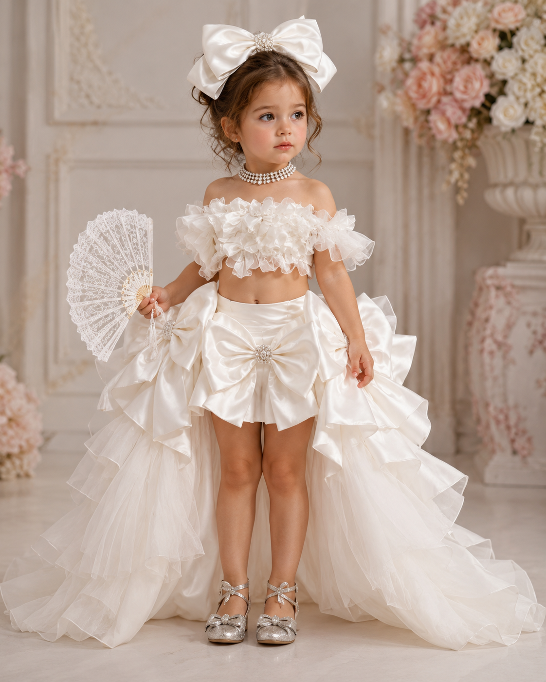 Cream two pieces long train costume and hair bow
