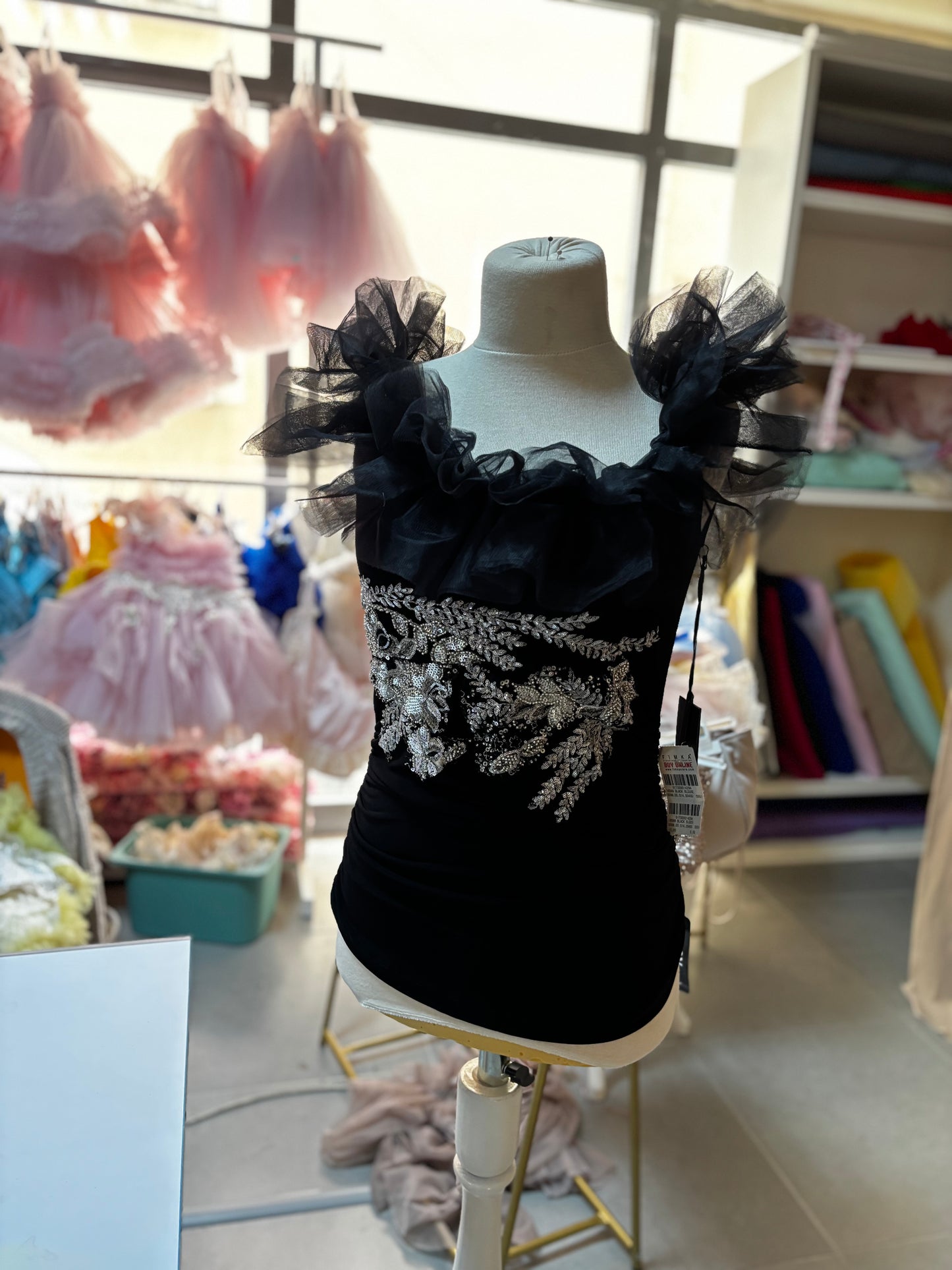 Woman black rhinestone clothing