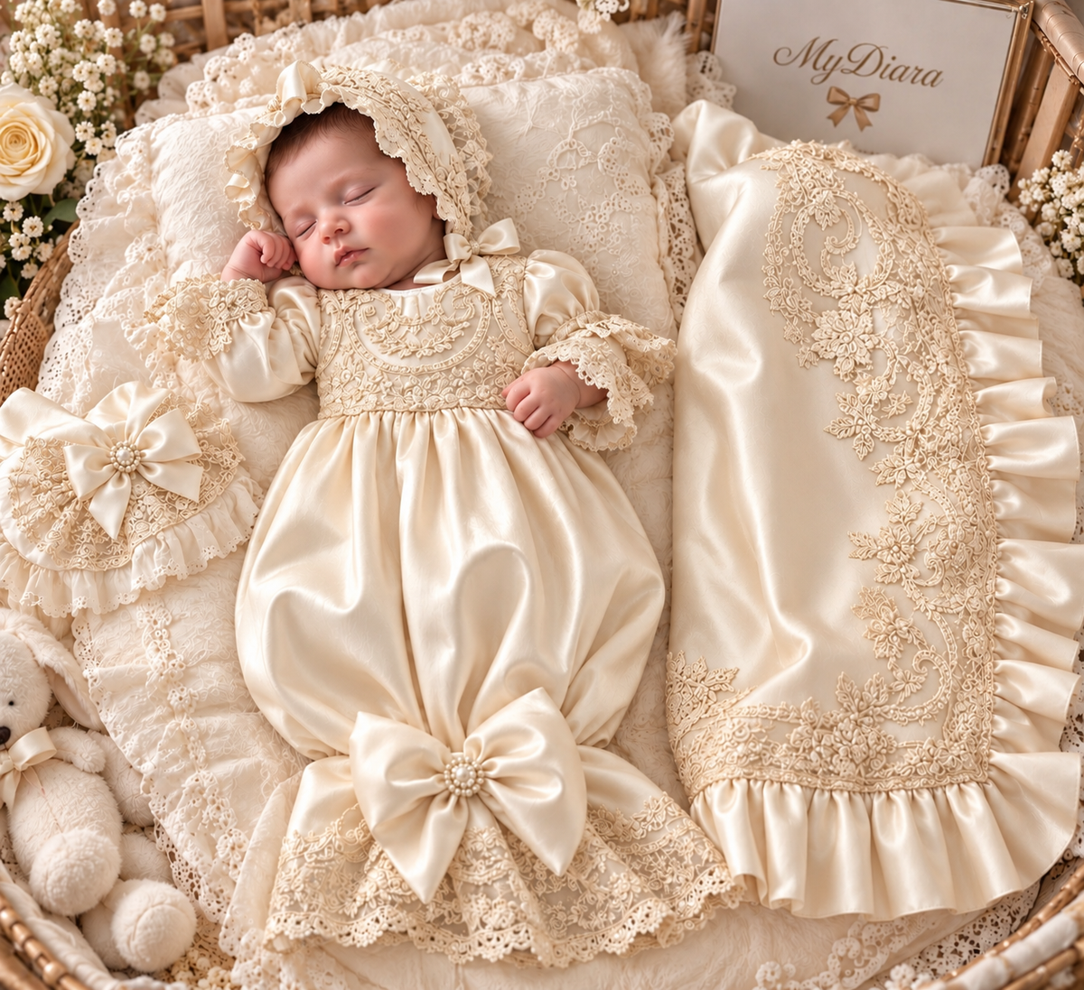 Cream silk fabric baby gown bonnet and blankent