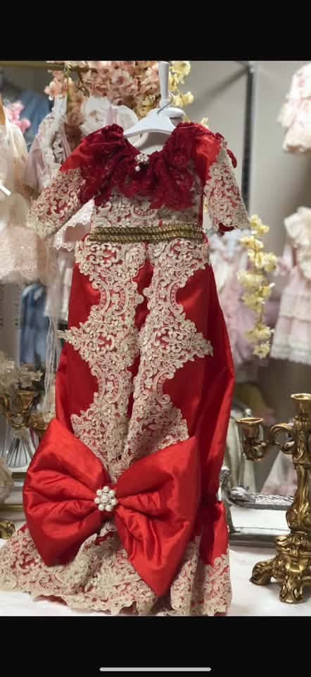 Red silk fabric long gown and bonnet