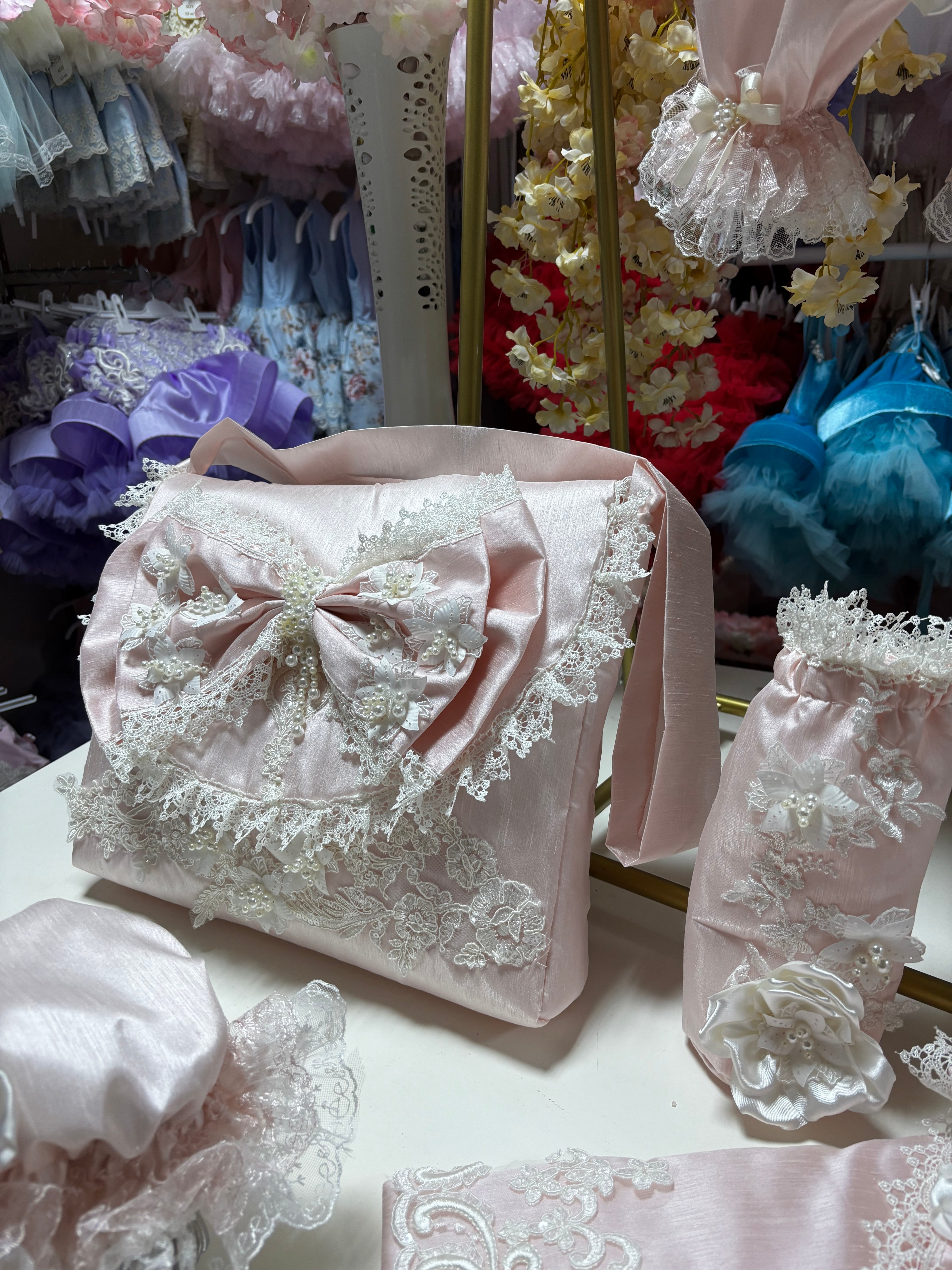 Pink silk fabric big bow pearl flowers diaper bag and bottle bag