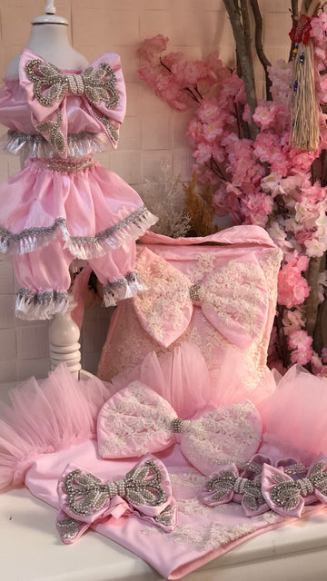 Baby  coton fabric outfıts and rhine stone bow blankent shoes diaper bag set
