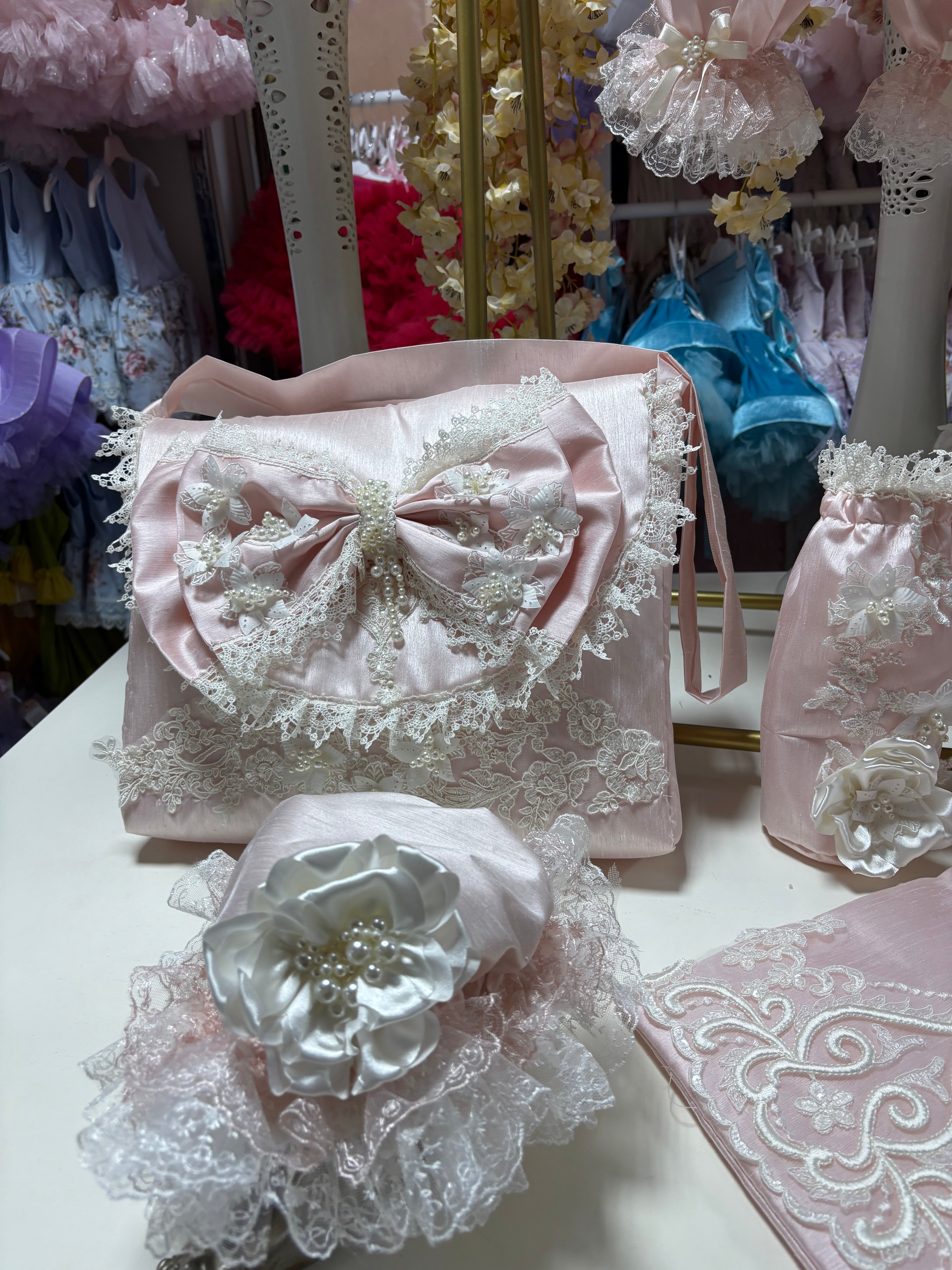 Pink silk fabric big bow pearl flowers diaper bag and bottle bag