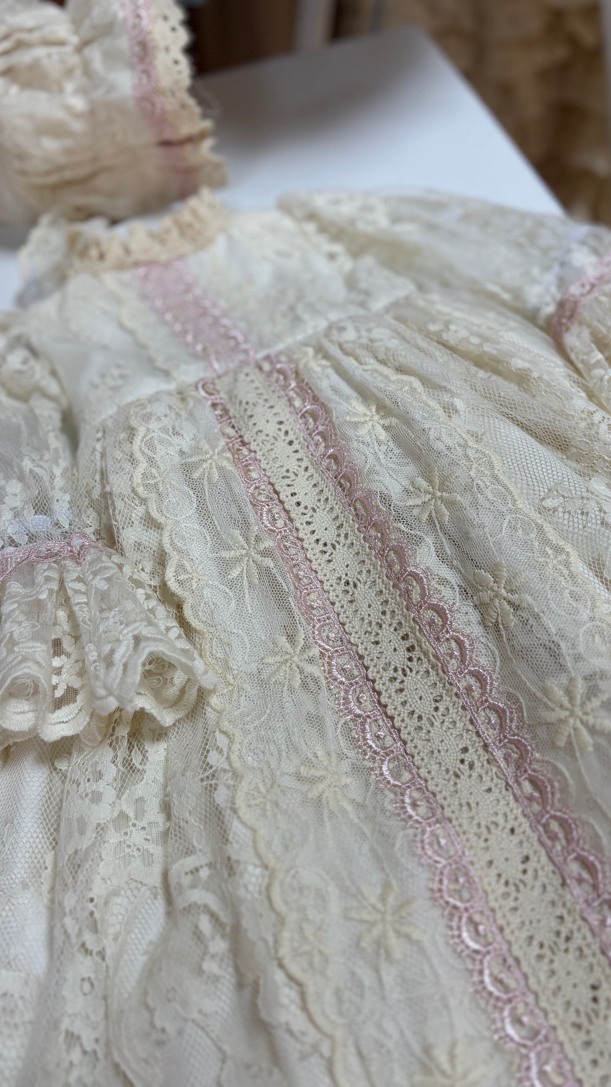 Lace fabric long baby gown and bonnet