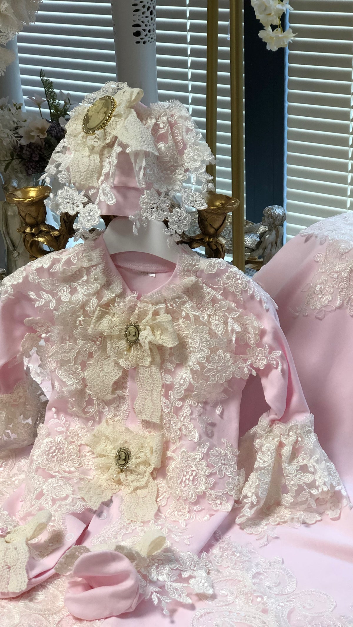 Cream France lace jumpsuit bonnet and blankent
