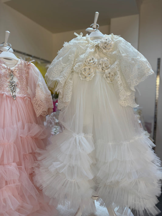 Cream long full tulle baby gown and bonnet
