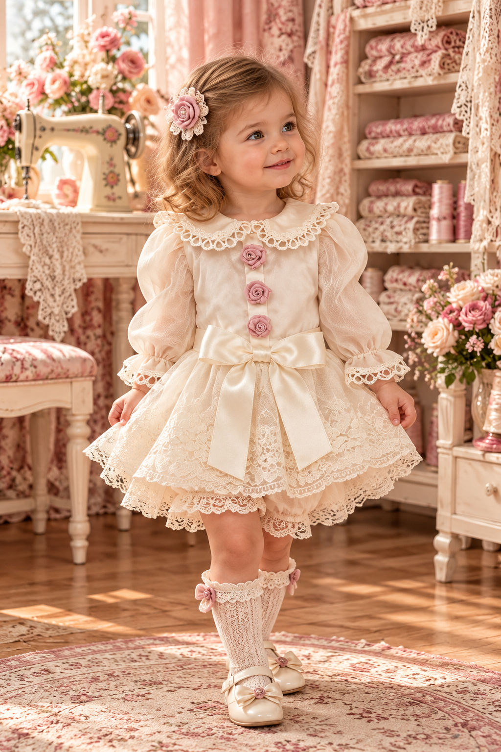 Cream coton fabric baby and girl two pieces outfıt