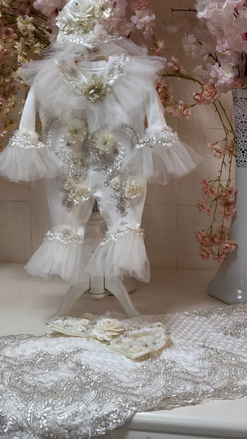 Cream Coton Baptism Baby Jumpsuit Hat Blankent Set