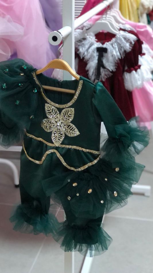 Green baby jumpsuit and hair bow