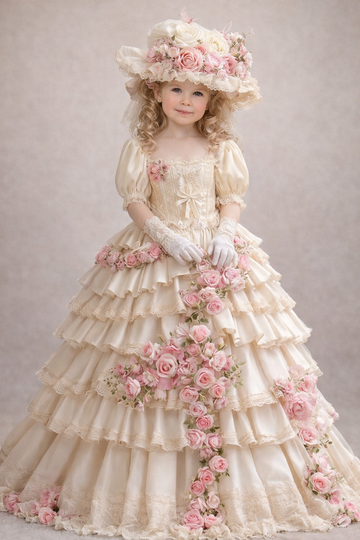 Cream vintage Victorian long flowers Gown And Bonnet