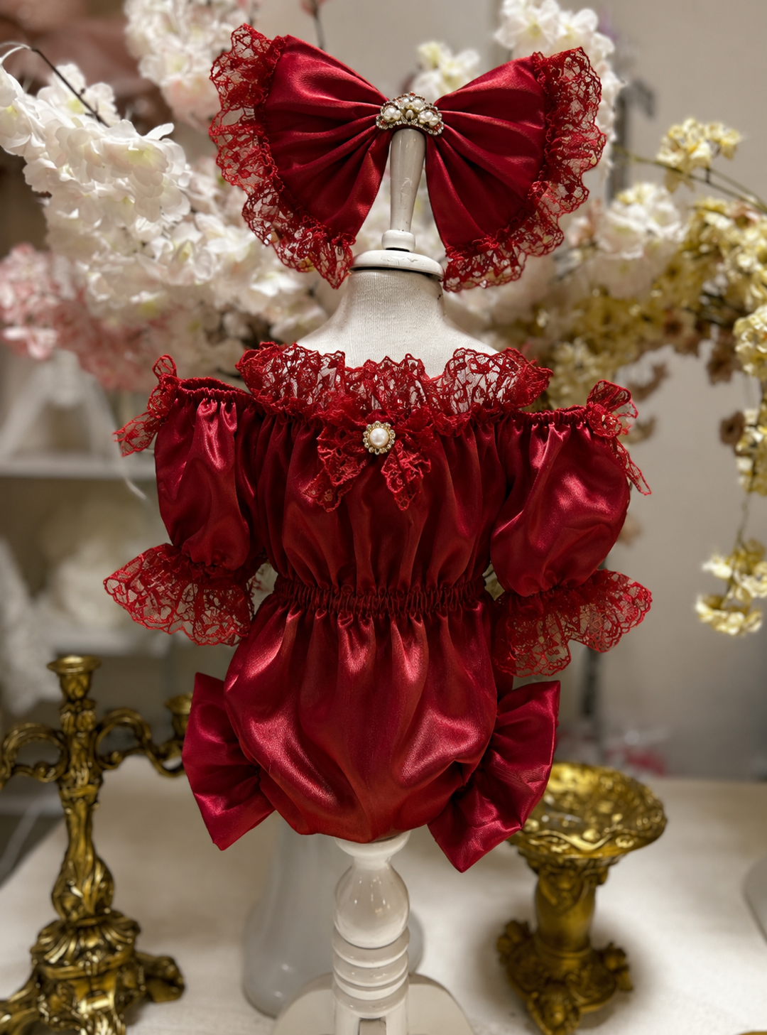 Red silk fabric baby romper and hair bow
