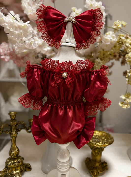 Red silk fabric baby romper and hair bow