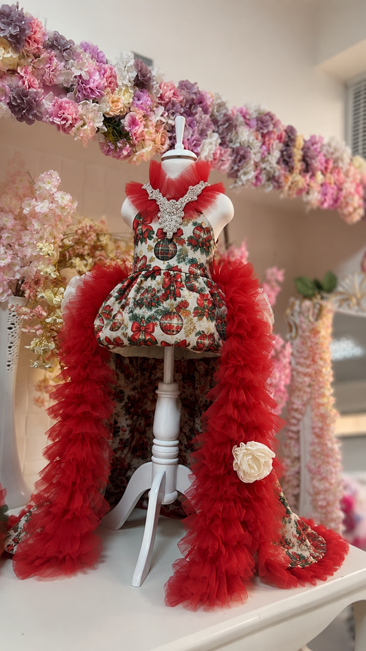 Christmas girl lon g train dress and hairbow