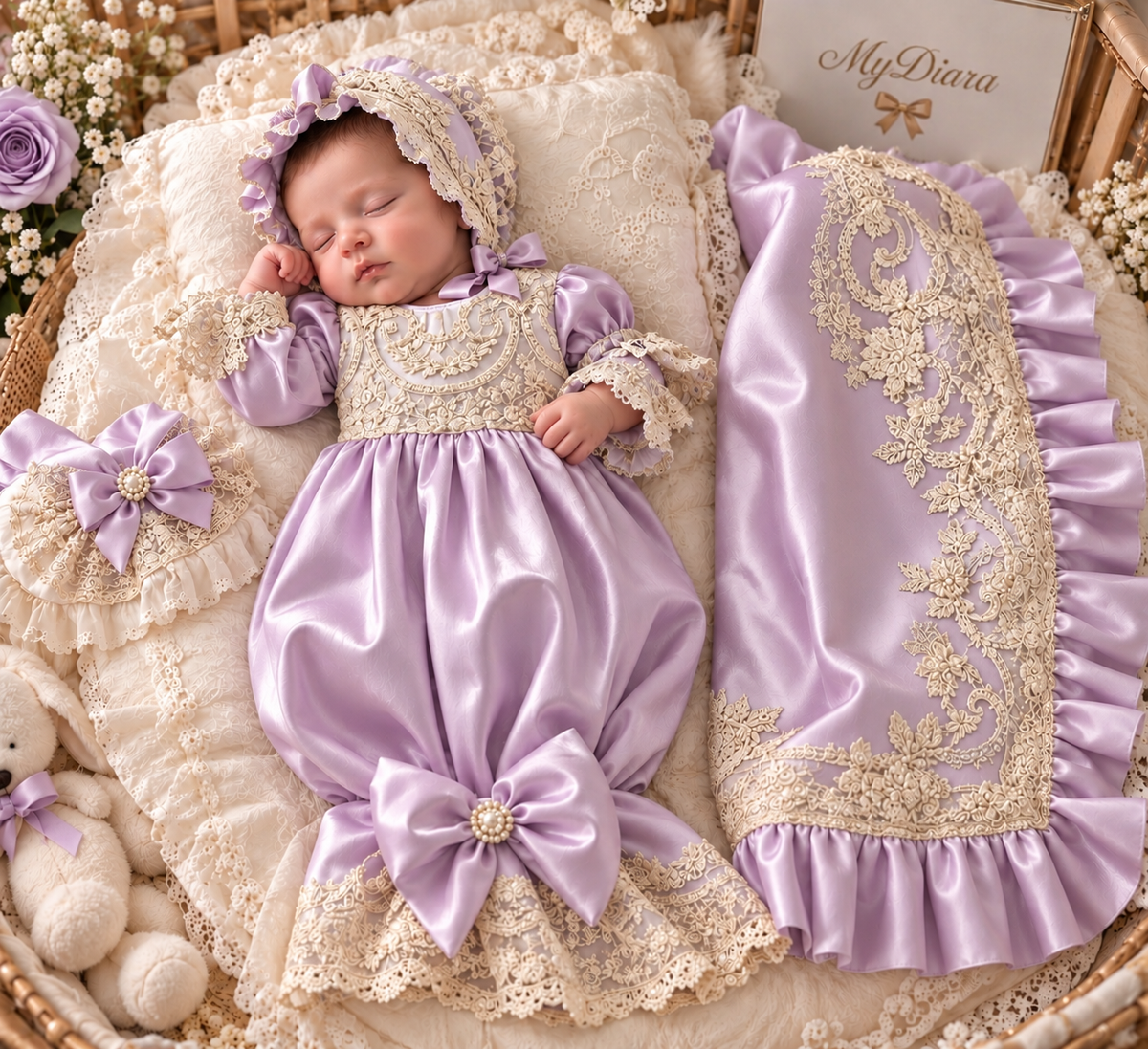 Lilac silk fabric baby gown bonnet and blankent
