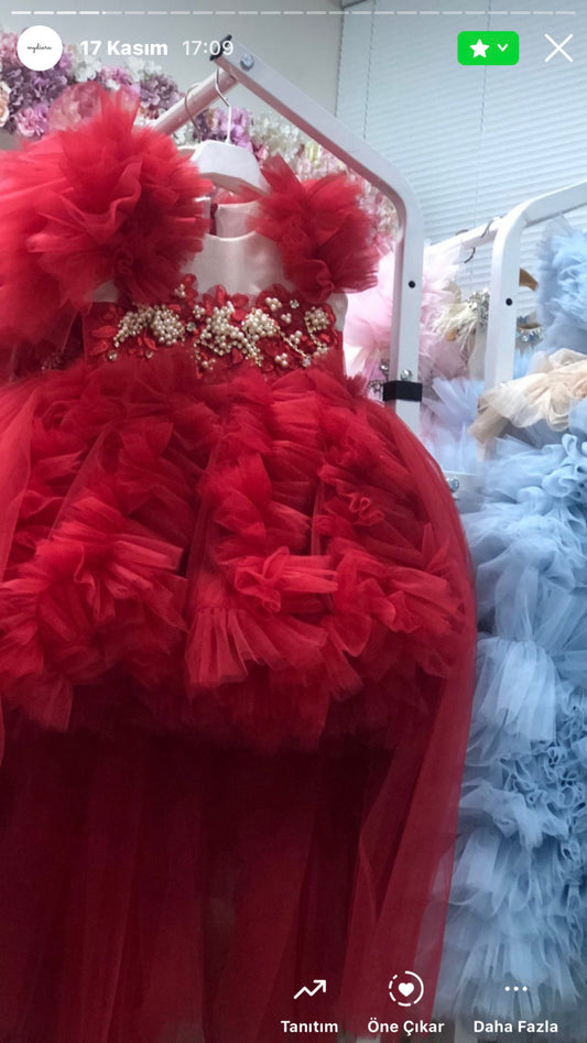 red long train puffy girl dress