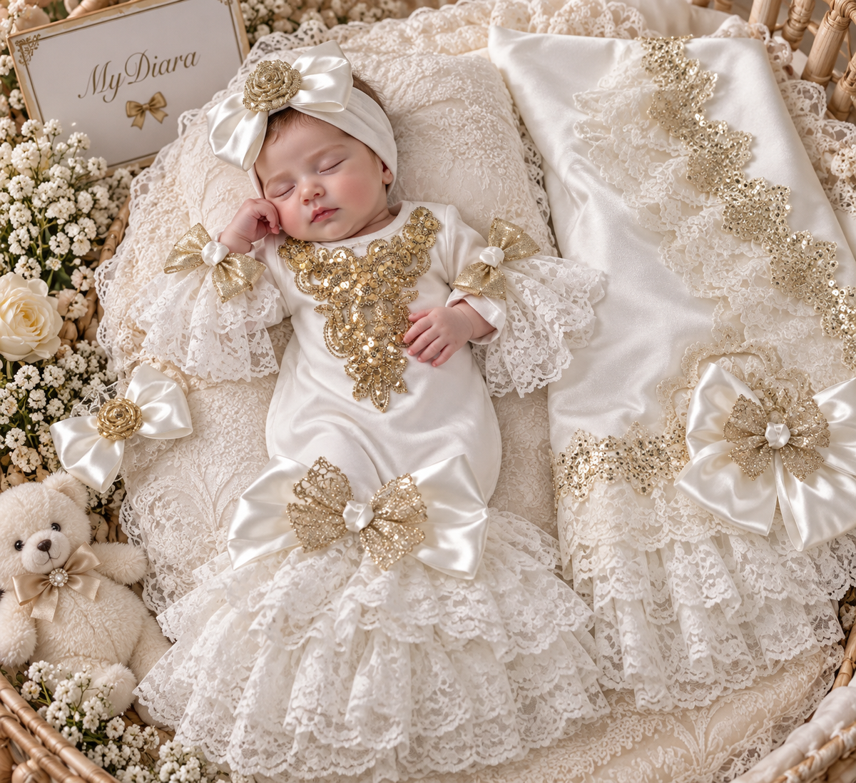 Cream baby gown bonnet and blankent set