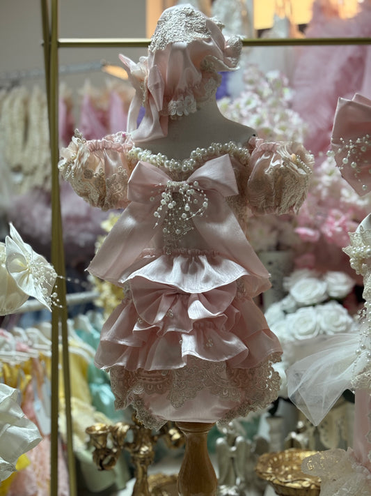 Pink silk fabric girl and baby two pieces outfıt and bonnet