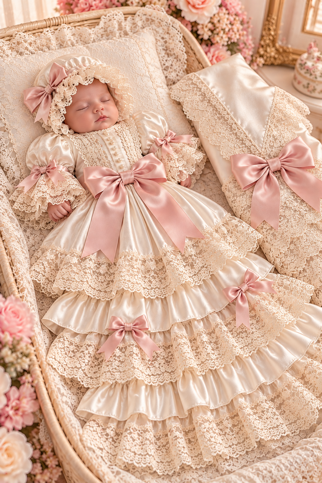 Cream satin fabric babaybgown bonnet and blankent wholasale 2 pcs newbornx2pcs and 3m