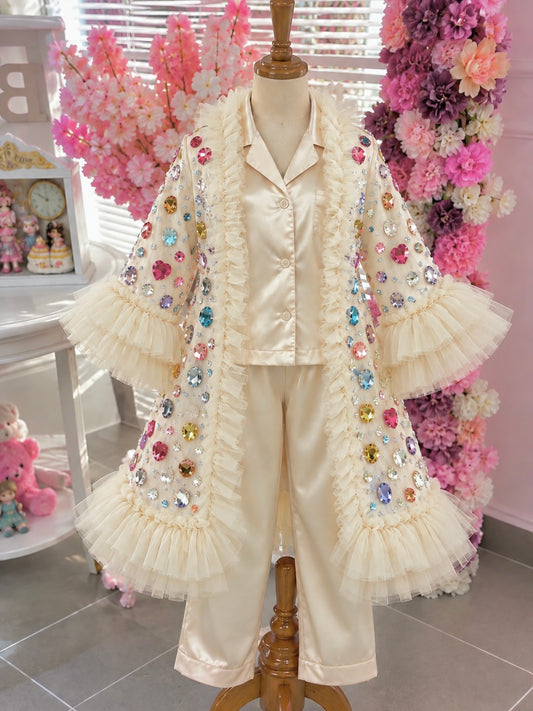 Cream satin  girl pajamas and robe
