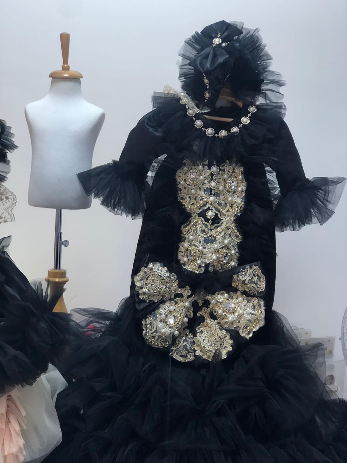 Black Satin Fabric Gown And Bonnet