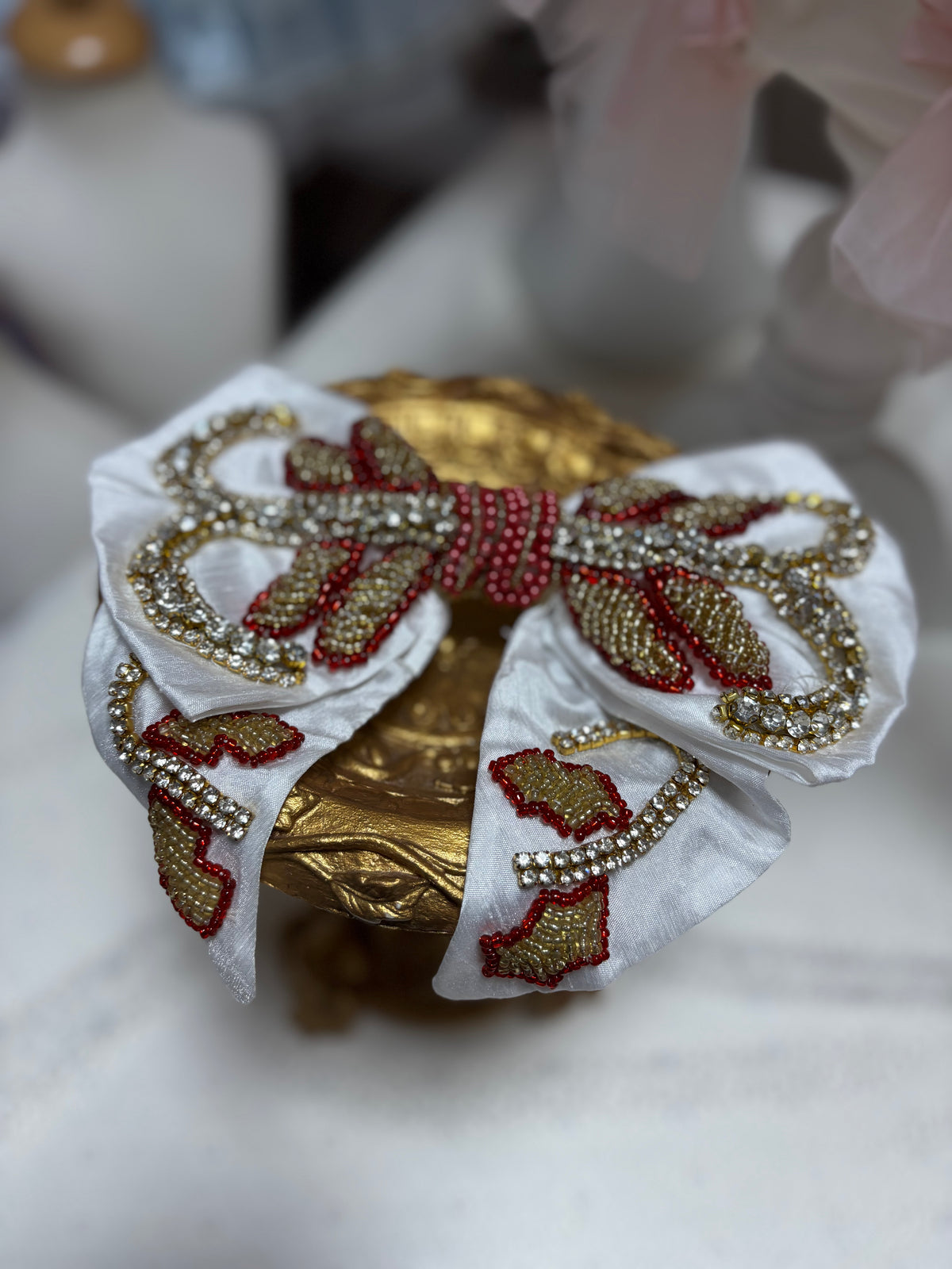 White rhine stone hair bow clips