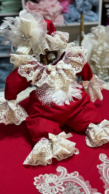 Red Coton Baby Jumpsuit Bonnet And Blankent Set