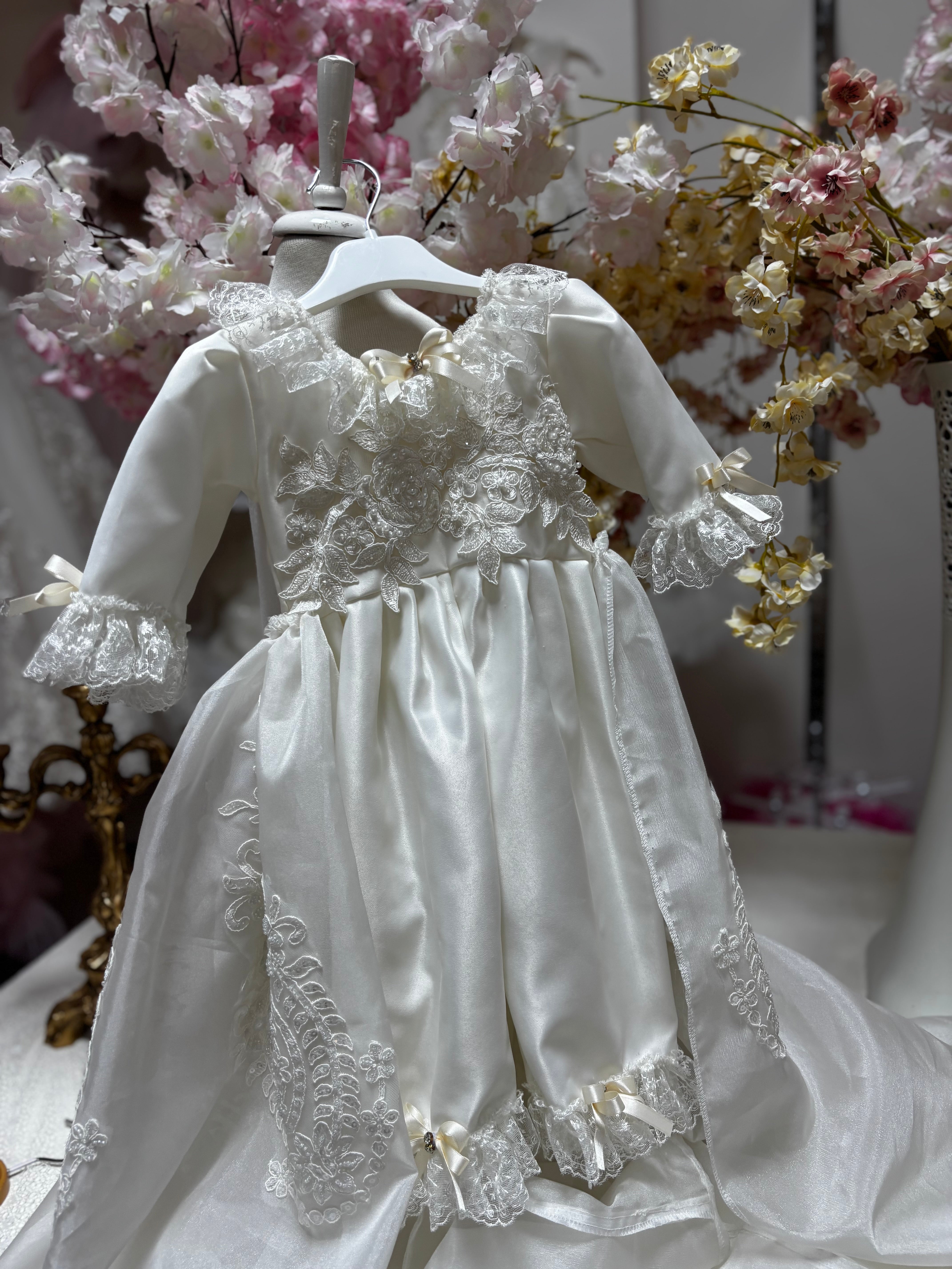 cream satin baby jumpsuit long train