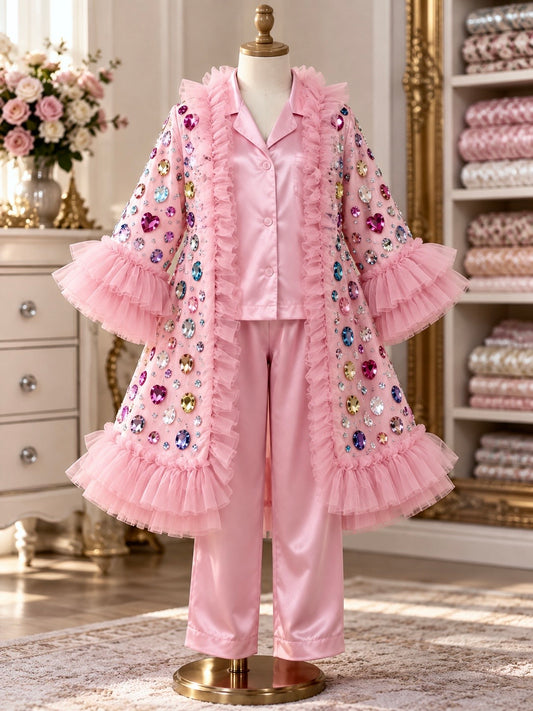 Pink satin fabric pajamas set and robe