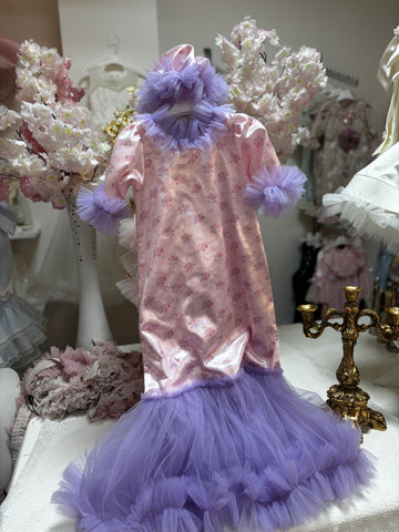 Pink lilac long baby gown and bonnet