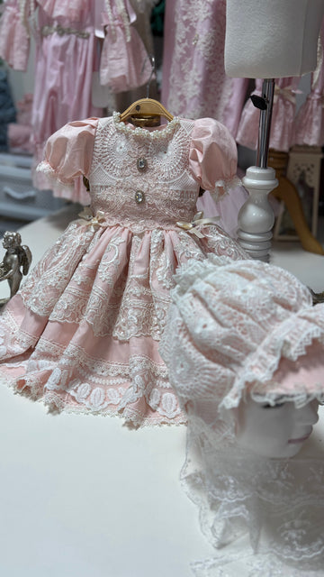 Pink Lace Coton Fabric Dresses And Bonnet