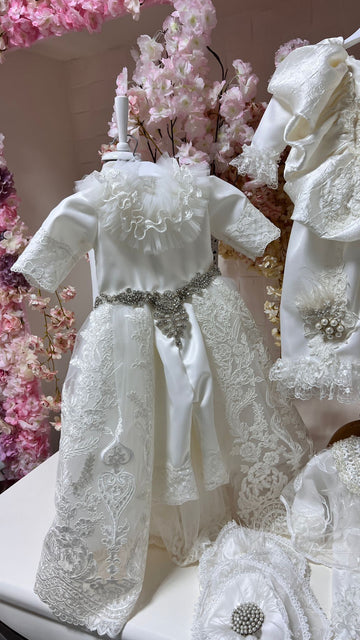 Cream Satin And France Fabric Baptism Jumpsuit And Hair Band