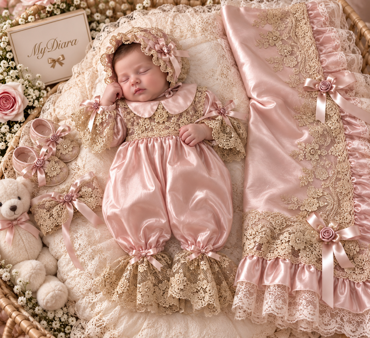 Pink silk fabric jumpsuit bonnet and blankent
