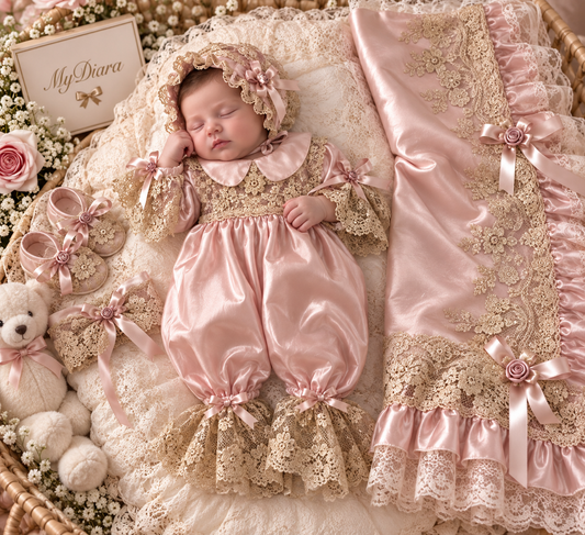Pink silk fabric jumpsuit bonnet and blankent