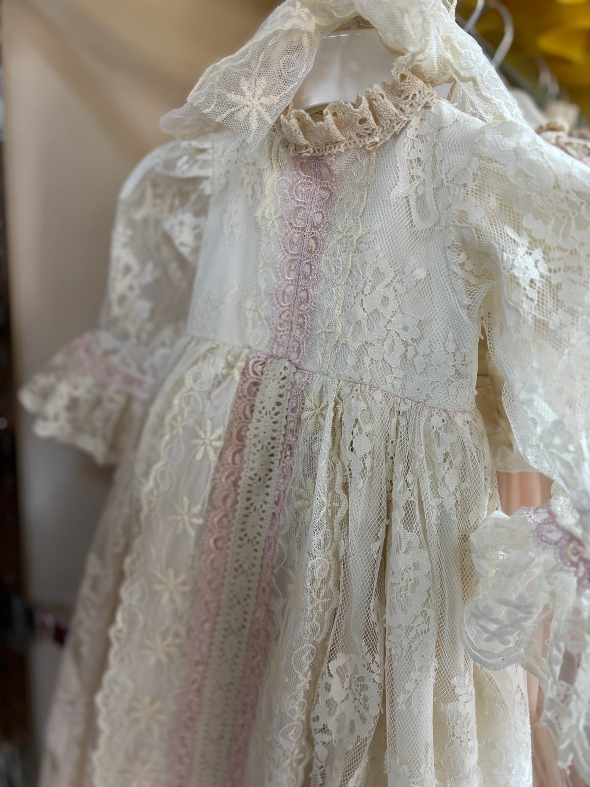 Lace fabric long baby gown and bonnet