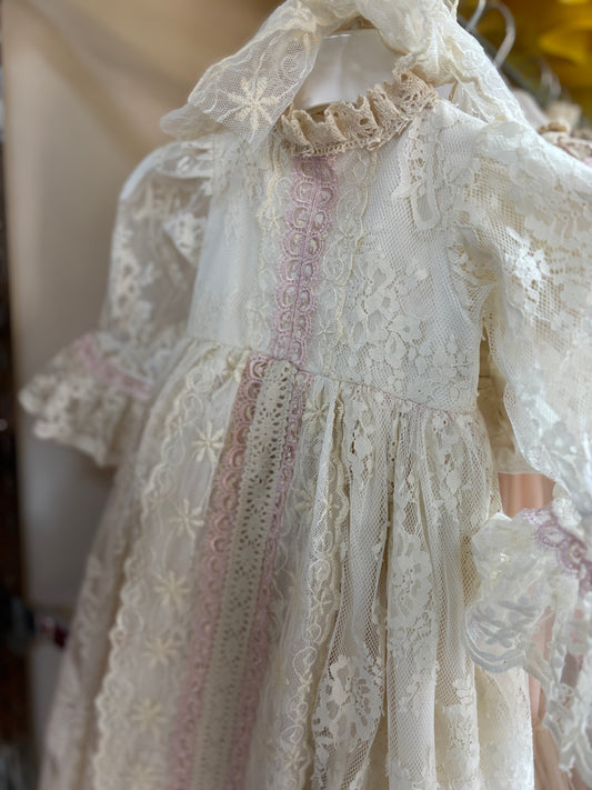 Lace fabric long baby gown and bonnet