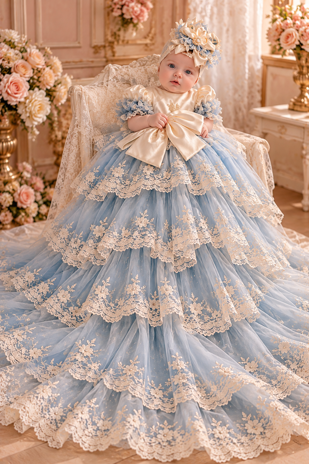 Blue tulle long baby gown and bonnet wholasale 4 pcs