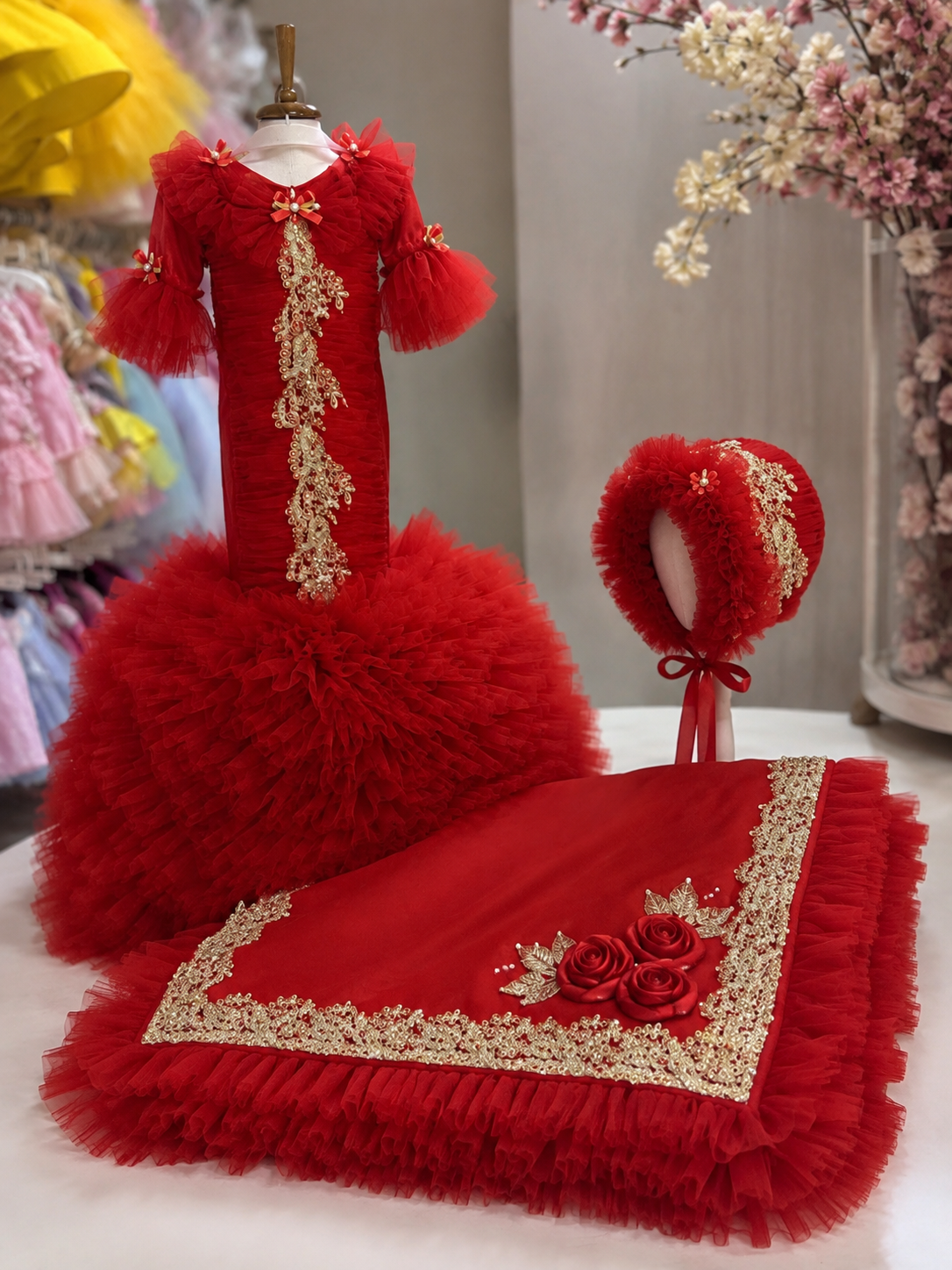 Red baby long gown blanket and bonnet
