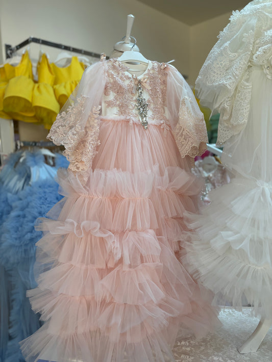 Light pink baby France lace tulle long gown and bonnet