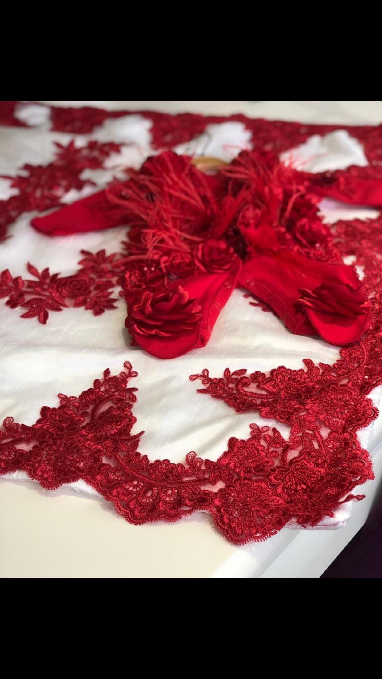 red flower jumpsuit cream  red france lace blankent and bonnet set