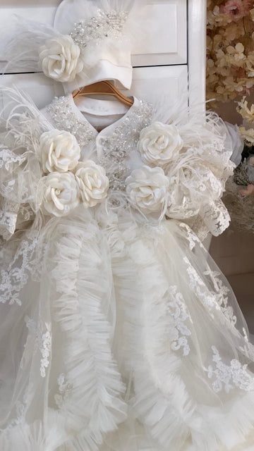 Cream Coton Fabric Flowers Jumpsuit And HAT