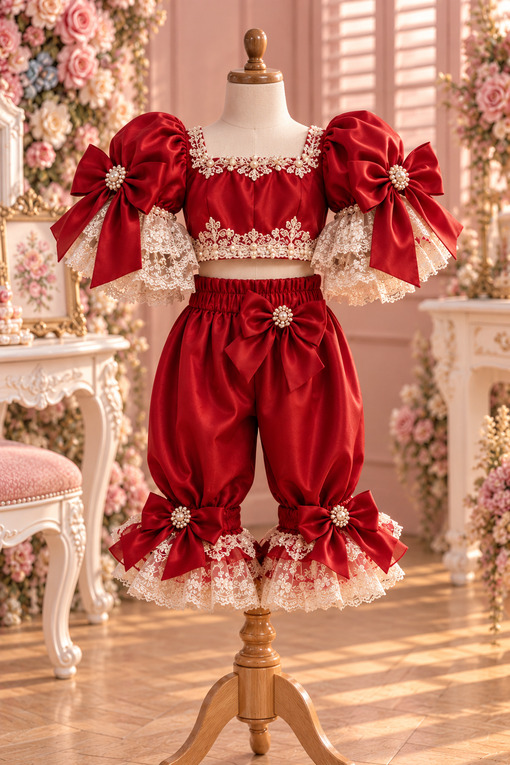 Red silk fabric pants and blouse