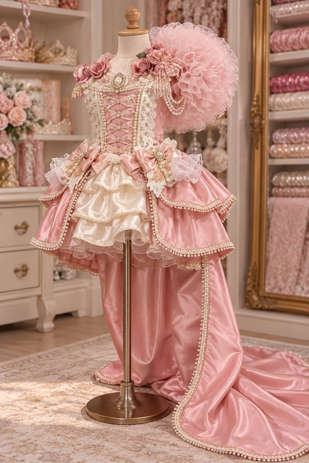 Pink satin Christmas girl long train dress