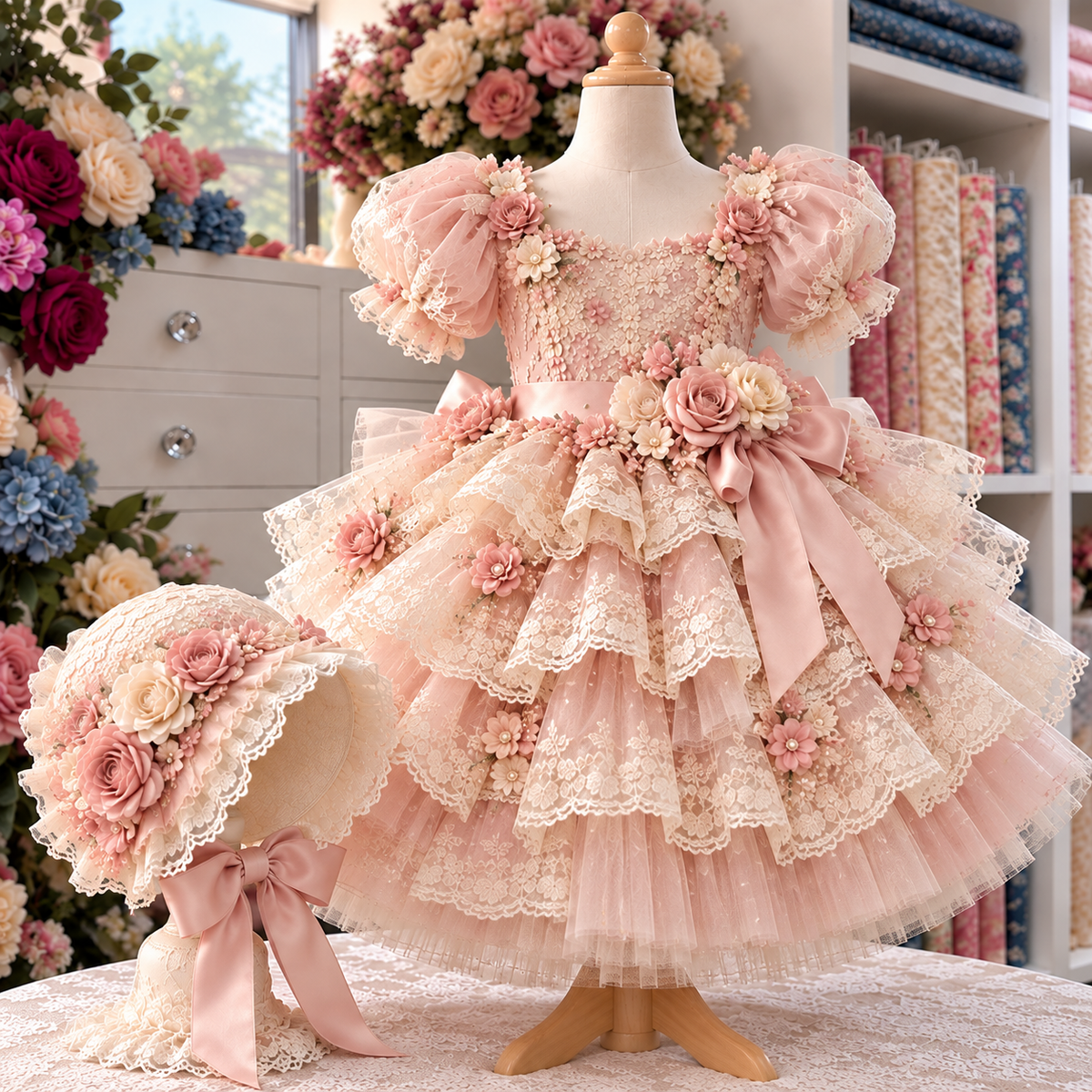 Lift pink girl Victorian dress and bonnet