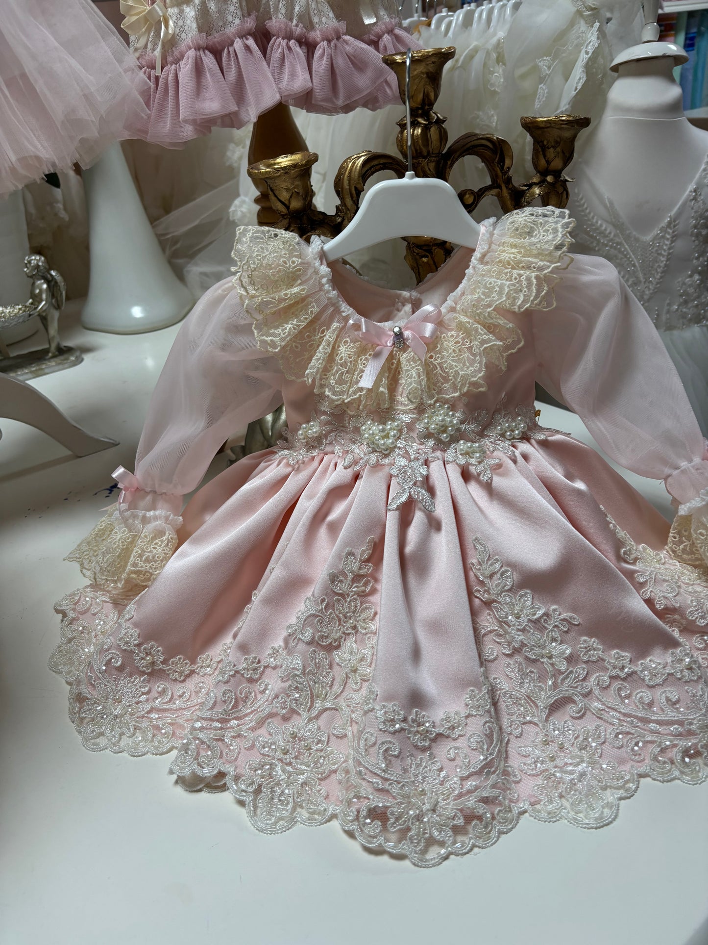 Pink Baby amazing Satin Fabric Pearl Aplique Dresses and Bonnet