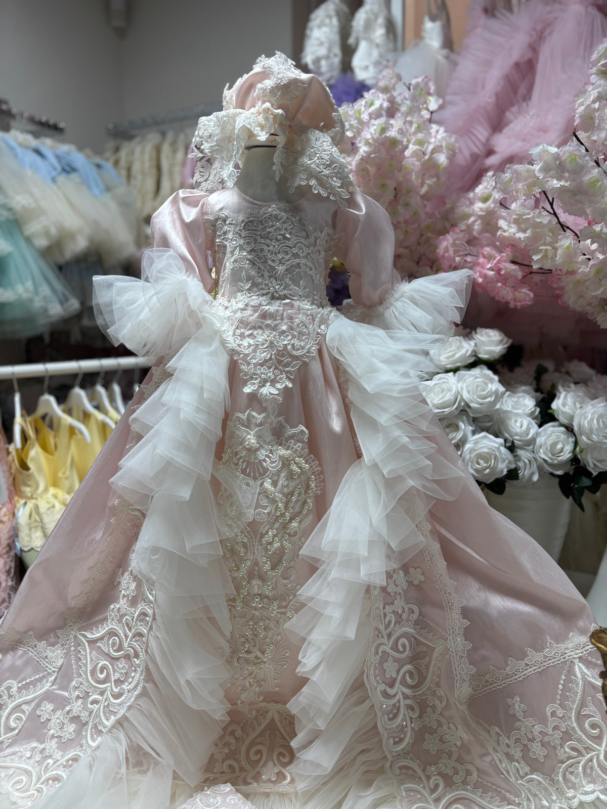 Pink silk baby long gown blankent and bonnet